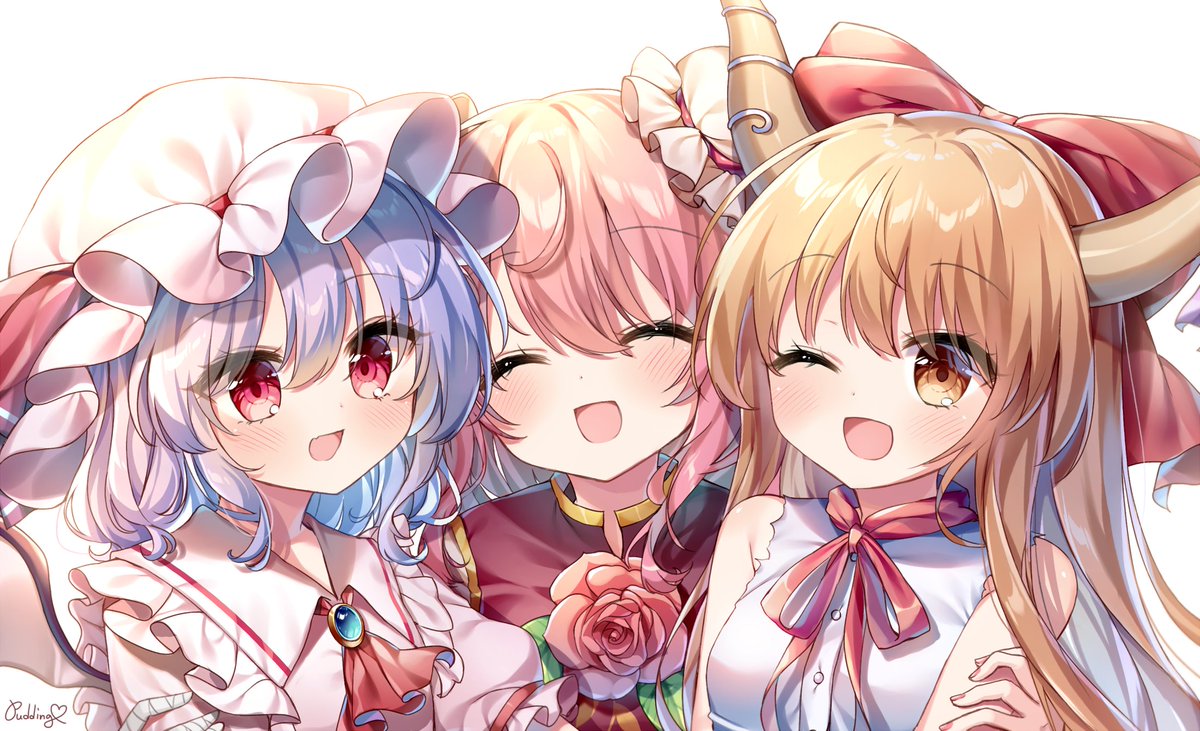 ibaraki kasen ,ibuki suika ,remilia scarlet multiple girls 3girls horns open mouth hat bat wings flower  illustration images
