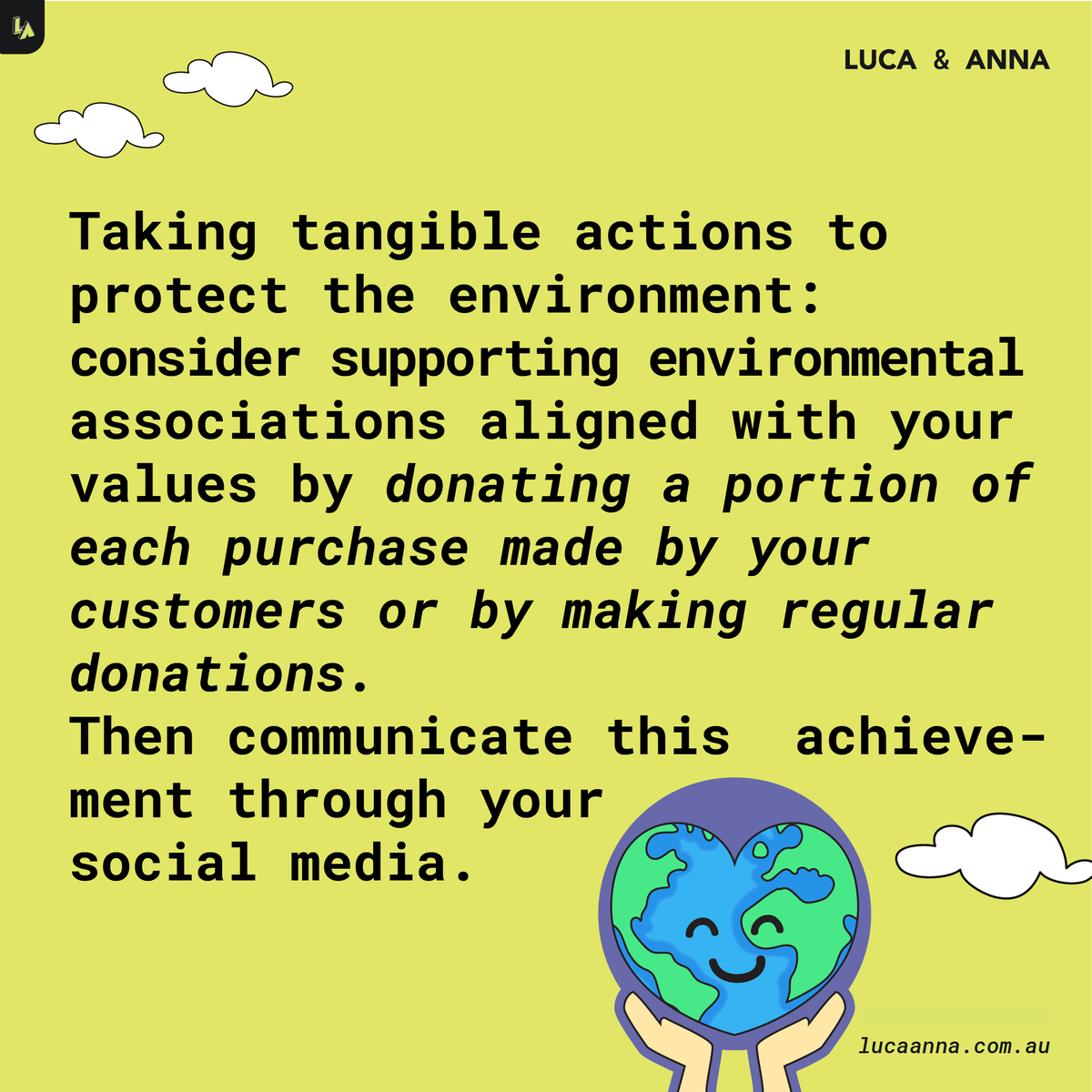 LUCAANNAStudio's tweet photo. 🌿 How to Embrace Sustainability and Show it to the World 🌎
✨ #SustainableBrands #GoGreen #ProtectOurPlanet #EcoWarriors #SustainabilityMatters #LUCAANNABrandingStudio #SustainableGrowth #EcoBusinesses #AustraliaBrand #Australiaecobrand #ecoecommerce https://t.co/QOQPD03hIW