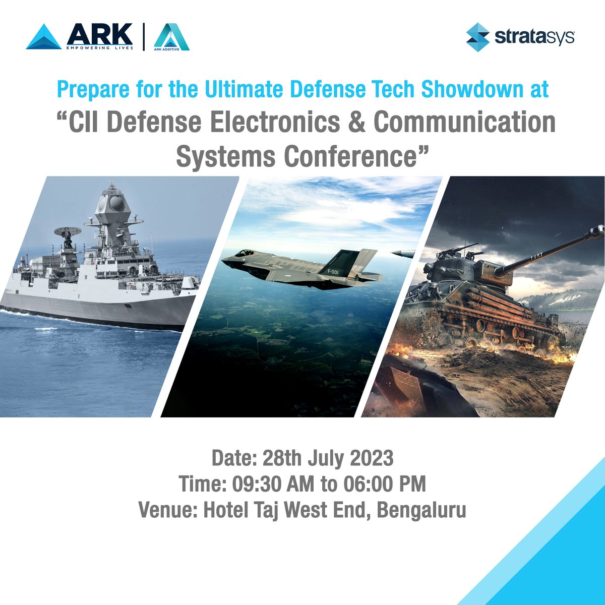 Join Us at the CII (Confederation of Indian Industry) Conference on Defense Electronics and Communication Systems .
 
⏲ 09:30AM to 06:00 PM

 📅 28 July 2023

 📍 Hotel Taj West End , Bengaluru

#CIIConference #3DPrintingInDefense #FutureOfDefense