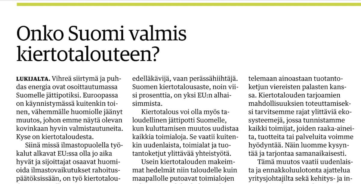 KaskasMedia's tweet photo. Kiertotalous voi olla taloudellinen jättipotti Suomelle lähitulevaisuudessa. Miten se sitten kotiutetaan?

Tarvitsemme uudenlaista, toimialat ja tuotantoketjut ylittävää yhteistyötä, kirjoittaa @NokunPasi @KauppalehtiFi:ssa.  1/4 https://t.co/Wx43915shN