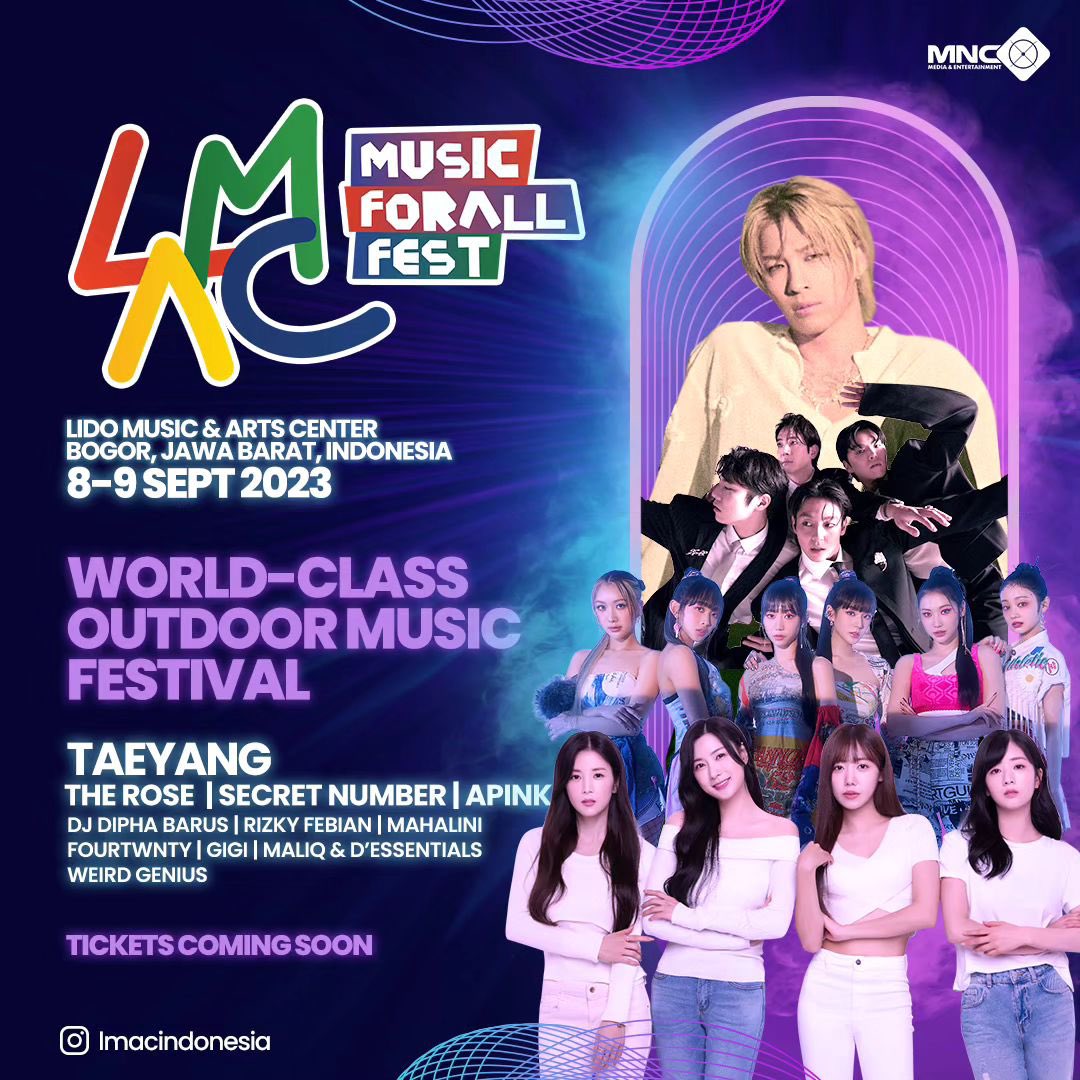 Secret Number will be present at The biggest music festival '2023 LMAC MUSICFORALL FEST' with Taeyang, Apink, and The Rose

📍 Lido Music & Art Center, Bogor (🇮🇩)
🗓️ Sept 8-9, 2023

#시크릿넘버 #vineent #secretnumber #SECRET_NUMBER @5ecretNumber