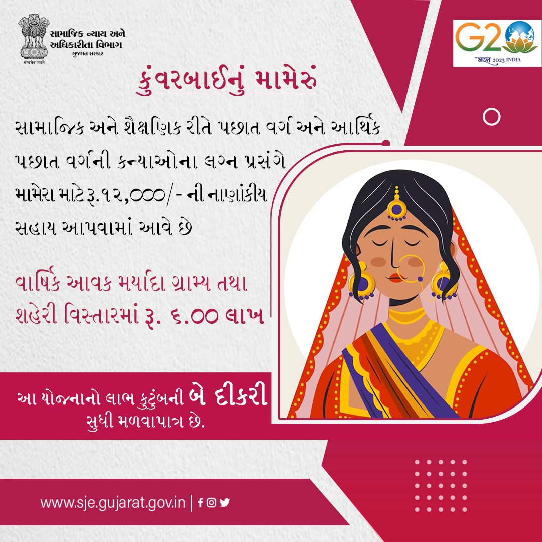 સામાજિક અને શૈક્ષણિક રીતે પછાત વર્ગ અને આર્થિક પછાત વર્ગની કન્યાઓના લગ્ન પ્રસંગના મામેરા માટેની સહાય યોજના. 
.
.
.
#sjegujarat #socialjustice #schemes #governmentscheme #gujaratgovernment #sje #Developingcastwelfare #facilities #financial #Yojana #Gujarat #government  #india