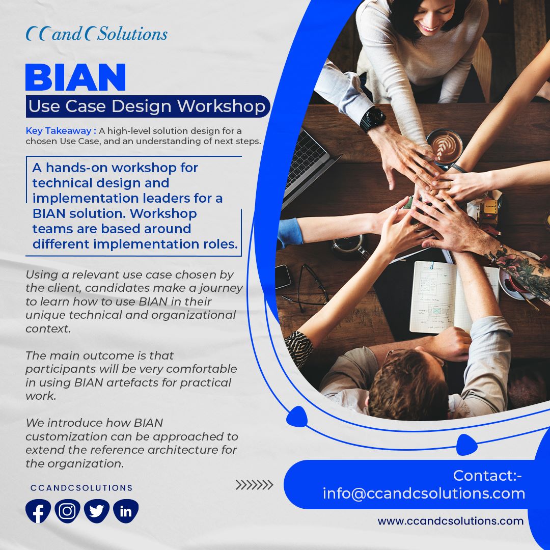 ccandcsolutions's tweet image. BIAN - Use Case Design Workshop.

A hands-on workshop for technical design and implementation leaders for a #BIAN solution. Workshop teams are based around different implementation roles.

For More details : ccandcsolutions.com

#bian #architecturetraining #togaf #it4it