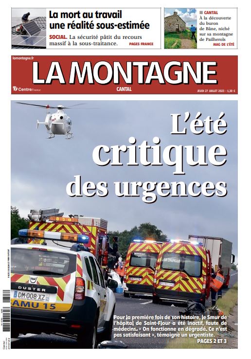 Bonjour à tous. A la Une de ce jeudi 27 juillet, faute de médecins, la ligne Smur de Saint-Flour a été inactive plusieurs jours. Les délais d'intervention augmentent. Bonne lecture. #cantal #aurillac