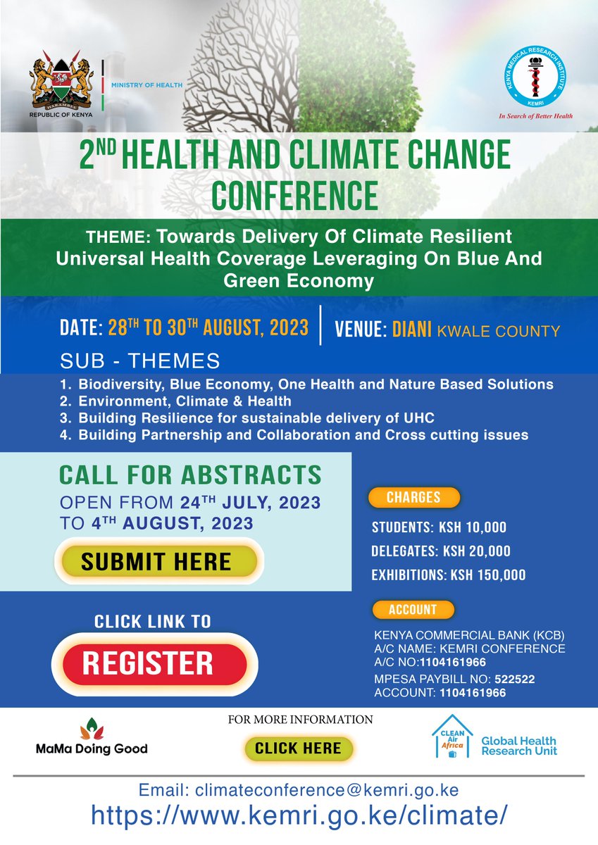 📢Call for abstracts! The 2nd Health and Climate Change Conference will be held on 28th-30th August 2023 under the theme: Towards Delivery of Climate Resilient #UHC Leveraging on Blue &amp;Green Economy

Submit your abstract for consideration
📅4 Aug 2023
🔗shorturl.at/twKRX