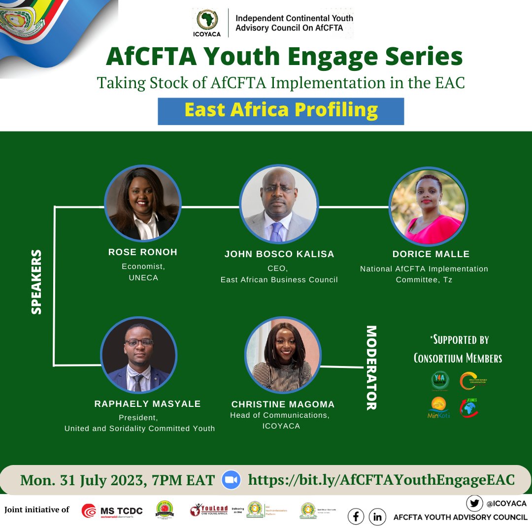 AfCFTA Youth Advisory Council (@icoyaca) on Twitter photo How far has the EAC gone with the implementation of the #AfCFTA?
Join us on Monday, 31 July at 7PM EAT to find out. Register for the #AfCFTAEngageSeries - East Africa Edition here 👇🏿: bit.ly/AfCFTAYouthEng…
#WeMoveIt
<a href="/AfCFTA/">AfCFTA Secretariat Official</a> <a href="/jumuiya/">East African Community</a> How far has the EAC gone with the implementation of the #AfCFTA?
Join us on Monday, 31 July at 7PM EAT to find out. Register for the #AfCFTAEngageSeries - East Africa Edition here 👇🏿: bit.ly/AfCFTAYouthEng…
#WeMoveIt
<a href="/AfCFTA/">AfCFTA Secretariat Official</a> <a href="/jumuiya/">East African Community</a>