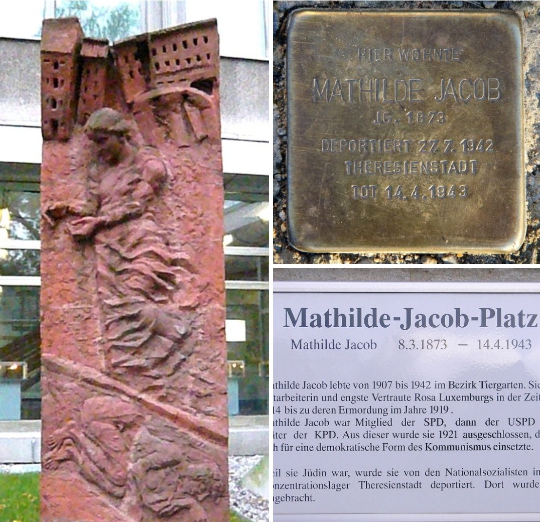 Links Mathilde Jacob auf einem roten Relief der Bildhauerin Ingeborg Hunzinger (1996), vor dem Verlagsgebäude des Neuen Deutschland am Franz-Mehring-Platz; rechts der Stolperstein für Mathilde Jacob und darunter die Gedenktafel in der Turmstraße 35, Berlin-Moabit.
Nachweis von wiki commons folgt. 