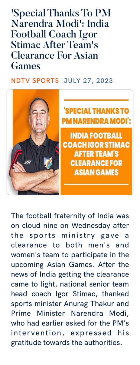 'Special Thanks To PM Narendra Modi': India Football Coach Igor Stimac After Team's Clearance For Asian Games
https://t.co/7OUMTzNxto

via NaMo App https://t.co/1aHpReaUcq