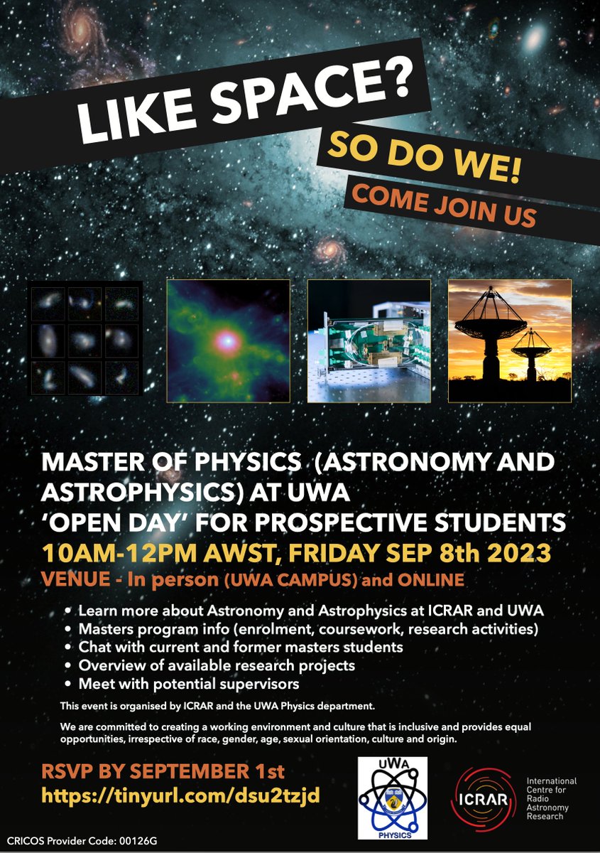 📢 To all undergraduate students interested in doing a Master in Astrophysics 📢 Register for our info session of @UWAresearch @ICRAR @PhysicsUwa Master of Physics (Astronomy and Astrophysics) 2024 by September 1st. More info and registration form here tinyurl.com/dsu2tzjd