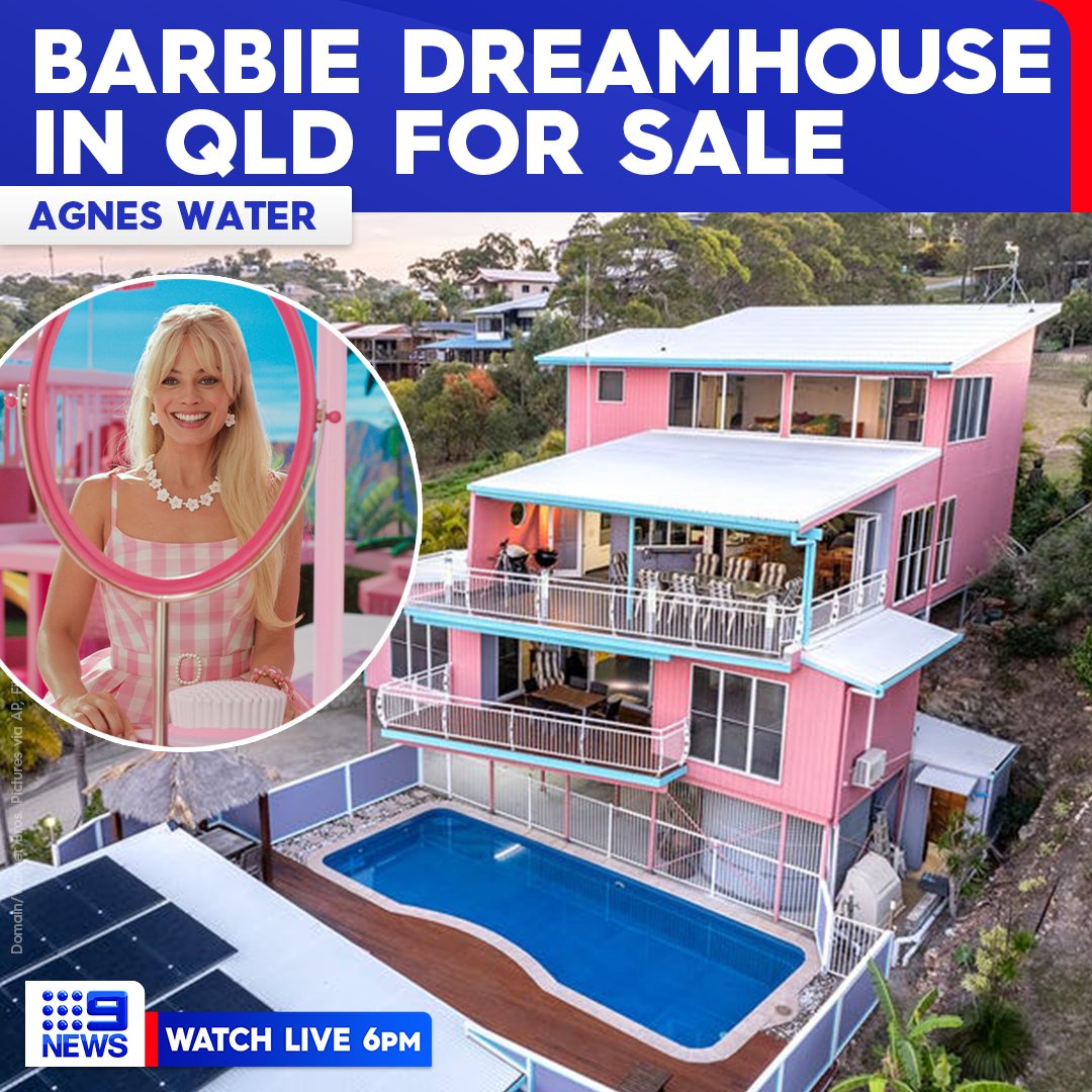 9NewsQueensland's tweet photo. A real-life Aussie Barbie Dreamhouse has hit the market in the Sunshine State, just as the hit flick starring Queenslander Margot Robbie sashays into cinemas! 👱‍♀️🩷💅👙👛🌸

READ MORE: https://t.co/jlzMNAqBWo

#9News https://t.co/tsP8FUWV81