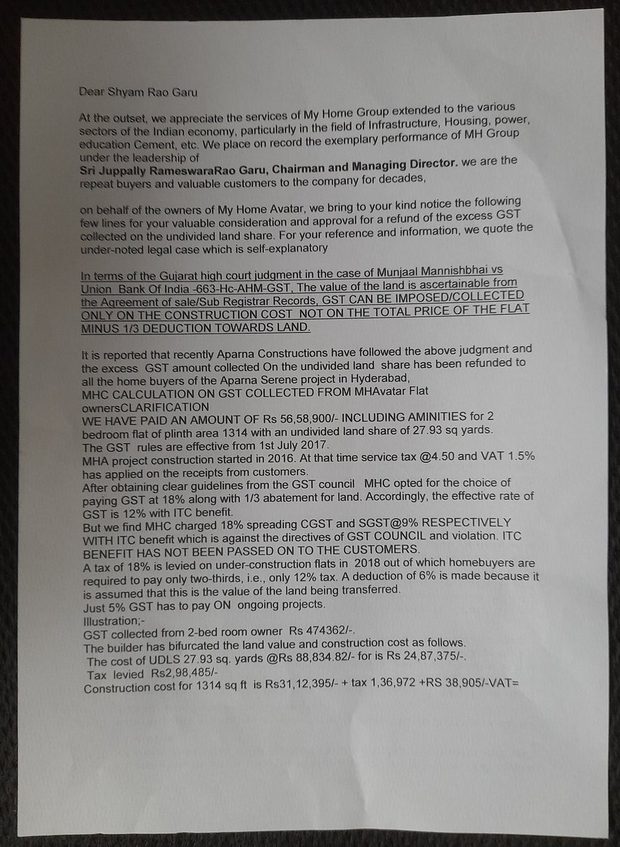 svvs1953_s's tweet photo. @MyHomeHyderabad 
While appreciating the brand Image of MyHome Constructions known for building Gated Communities &amp; timely delivery,having data base of thousands of repeated buyers,few discrepancies found in GST collected from MHAvatar Owners,need to review for natural justice. https://t.co/oGEfc1RWLL