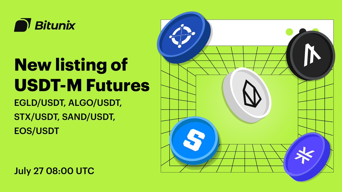 #Bitunix will add 5 new trading markets in perpetual futures, including: $EGLD-USDT, $ALGO-USDT, $STX-USDT, $SAND-USDT and $EOS-USDT.

Trading will open on July 27, 08:00 UTC

💡Details: support.bitunix.com/hc/en-us/artic…

#FuturesTrading 
#Perpetualfutures
#DerivativesExchange