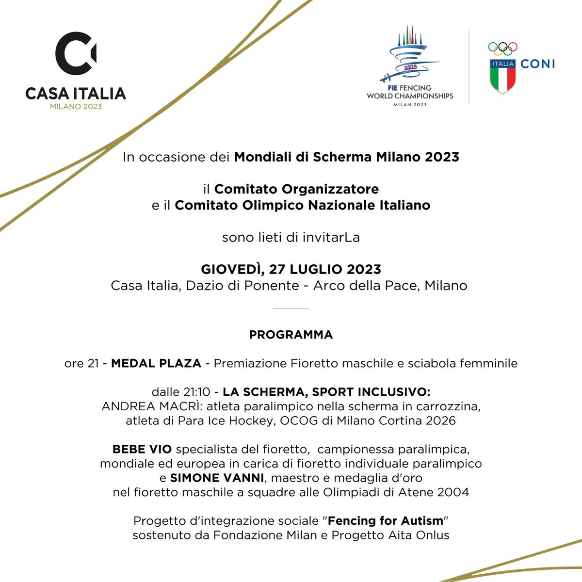 #27luglio #fencingforautism di #progettoaita e #fondazionemilan sale sulla pedana dei #mondialidischermamilano a #casaitalia