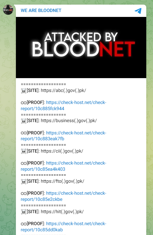 FalconFeedsio's tweet photo. BLOODNET hackers group claims to have targeted multiple government websites from #Pakistan.

#BloodNet #cti #threatintel #cyberattack https://t.co/ylm3OryFuy