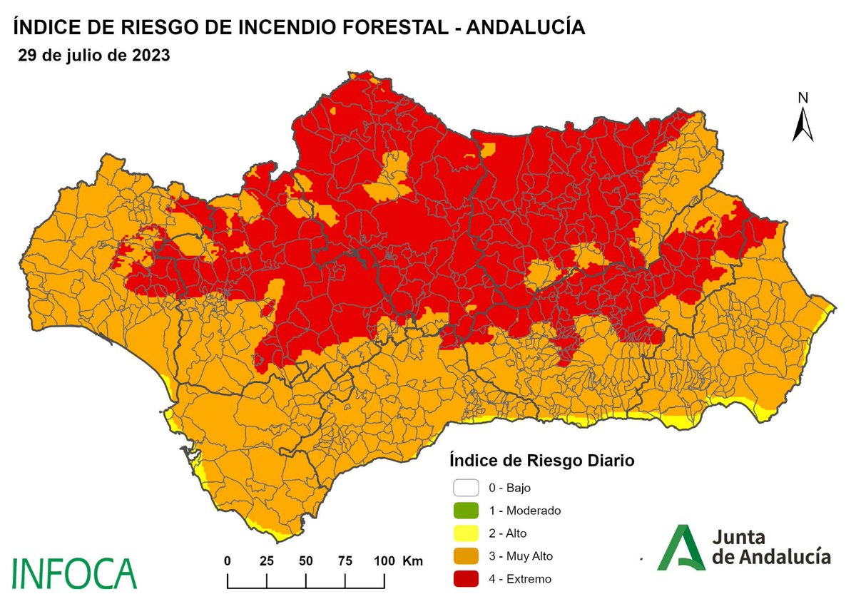 Plan_INFOCA's tweet photo. 🗺️ RIESGO INCENDIOS FORESTALES #Andalucía | 27/07/23
El 🟠 del riesgo MUY ALTO y el 🔴 del EXTREMO siguen coloreando el mapa. Aunque ayer tan sólo había 🔴 en puntos aislados del interior y hoy, se extiende ya por Sierra Madroña, Sierra Morena y el alto Guadalquivir.

#BuenosDías https://t.co/mxXP6Cf1Kd