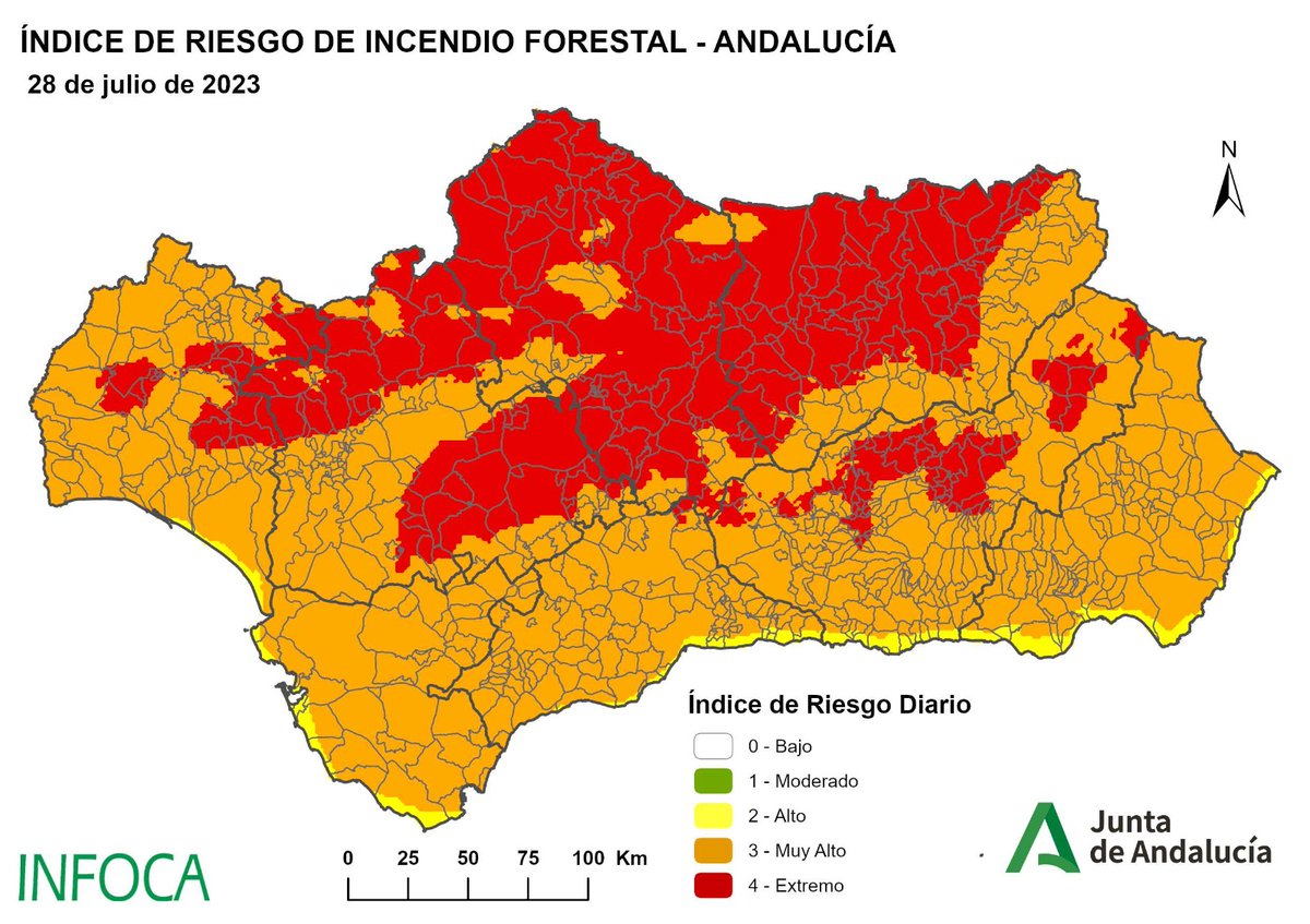 Plan_INFOCA's tweet photo. 🗺️ RIESGO INCENDIOS FORESTALES #Andalucía | 27/07/23
El 🟠 del riesgo MUY ALTO y el 🔴 del EXTREMO siguen coloreando el mapa. Aunque ayer tan sólo había 🔴 en puntos aislados del interior y hoy, se extiende ya por Sierra Madroña, Sierra Morena y el alto Guadalquivir.

#BuenosDías https://t.co/mxXP6Cf1Kd