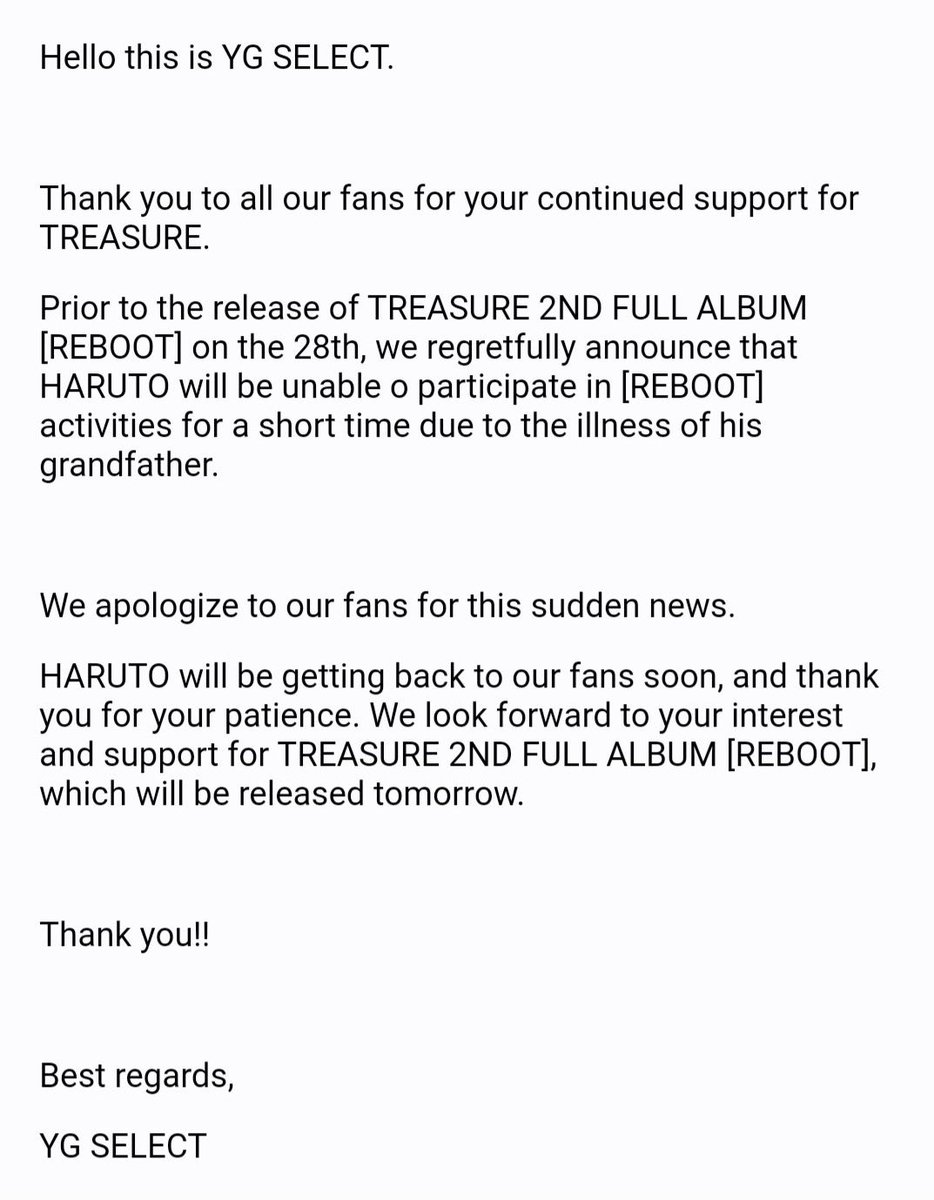 iksanpjw's tweet photo. Haruto won’t be able to participate in REBOOT activities for a short time due to the illness of his grandfather. #하루토 

Praying for him and his family. https://t.co/BBSleWqP2U