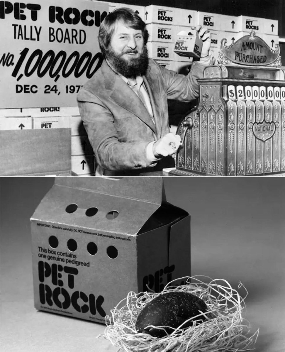 historyinmemes's tweet image. Pet Rocks were a short-lived fad that originated in 1975, conceived by Gary Dahl, a copywriter and advertising executive from California. The concept behind Pet Rocks was simple yet bizarre: they were smooth stones that had been gathered from a beach in Mexico and packaged in a…