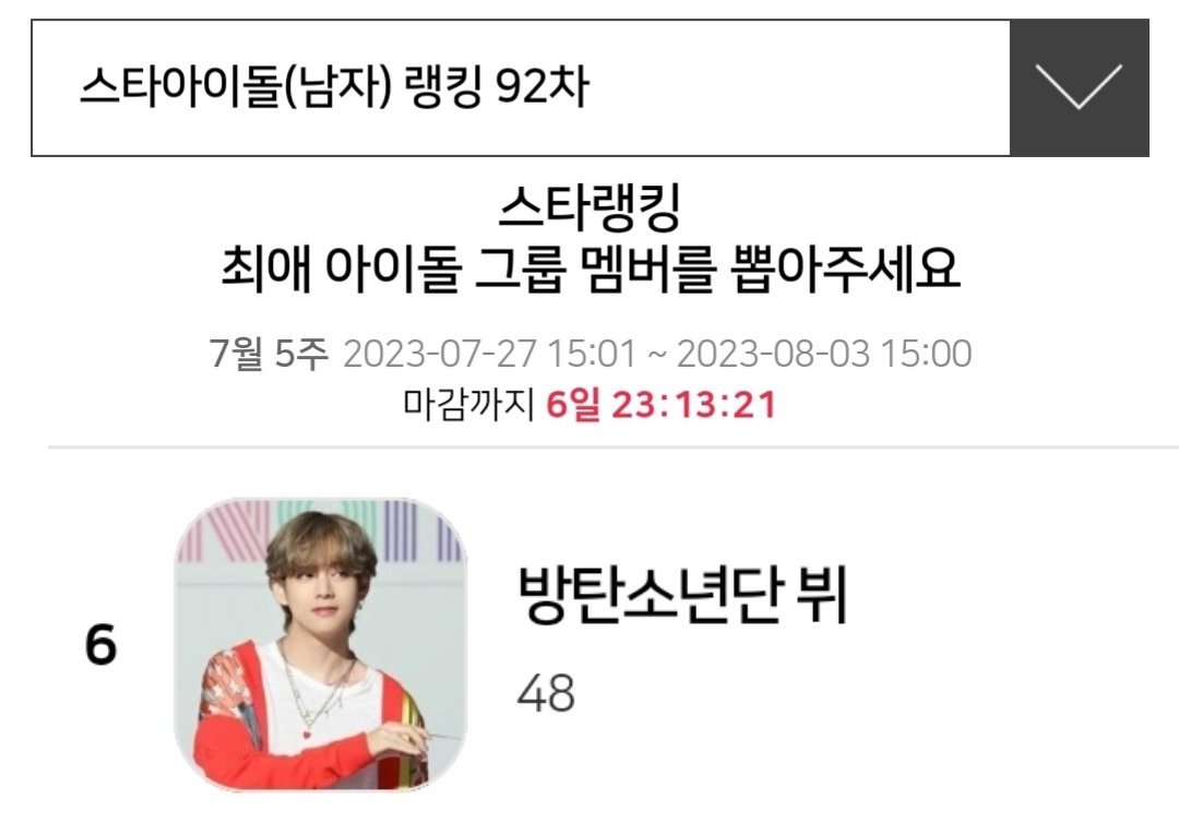 KTH_Supporters's tweet photo. 🔔0727 #김태형 투표 체크 시간

⭐️STAR NEWS 투표

스타랭킹 92차《D-6》
🚨현재 6위
🗳️https://t.co/iNEsksiGpX

🟢SNS당 6번씩 투표
(네이버, 카카오톡, 구글로 간편가입)

#뷔 #김태형 #방탄소년단뷔 #V #BTSV https://t.co/qkYxKKMsnM