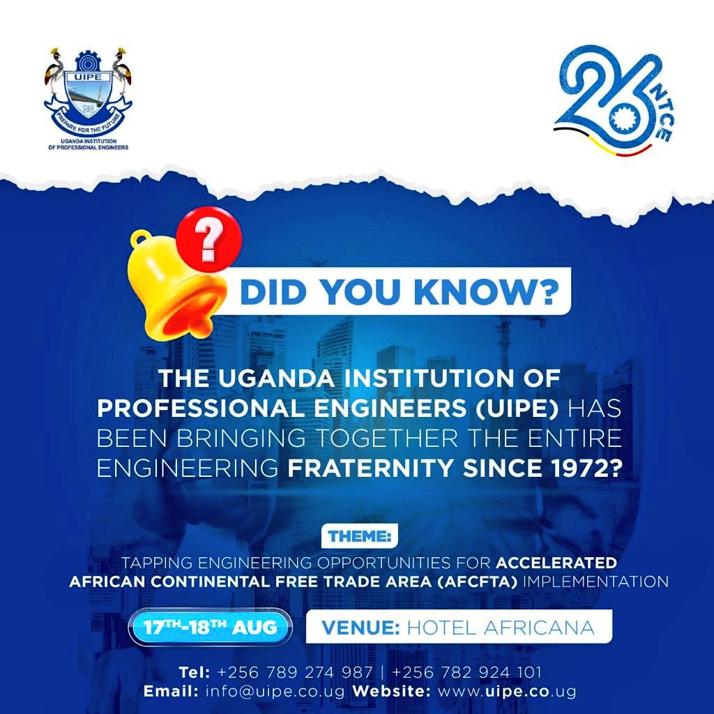 The establishment of @UIPE_Uganda in 1972 as a successor to the defunct East African Association of Engineers after the dissolution of the EAC is a remarkable historical fact. It adds even more significance to the upcoming National Technology Conference & Exhibition.

#NTCE2023 https://t.co/NMwAB5mwmB
