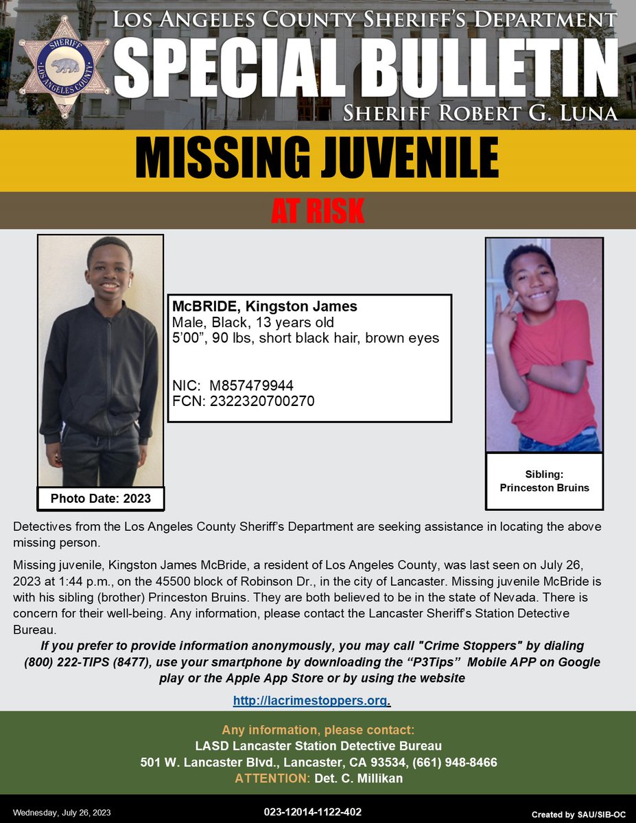 #LASD is Asking for the Public's Help Locating At-Risk Missing Person, Kingston James McBride #Lancaster
local.nixle.com/alert/10230041/