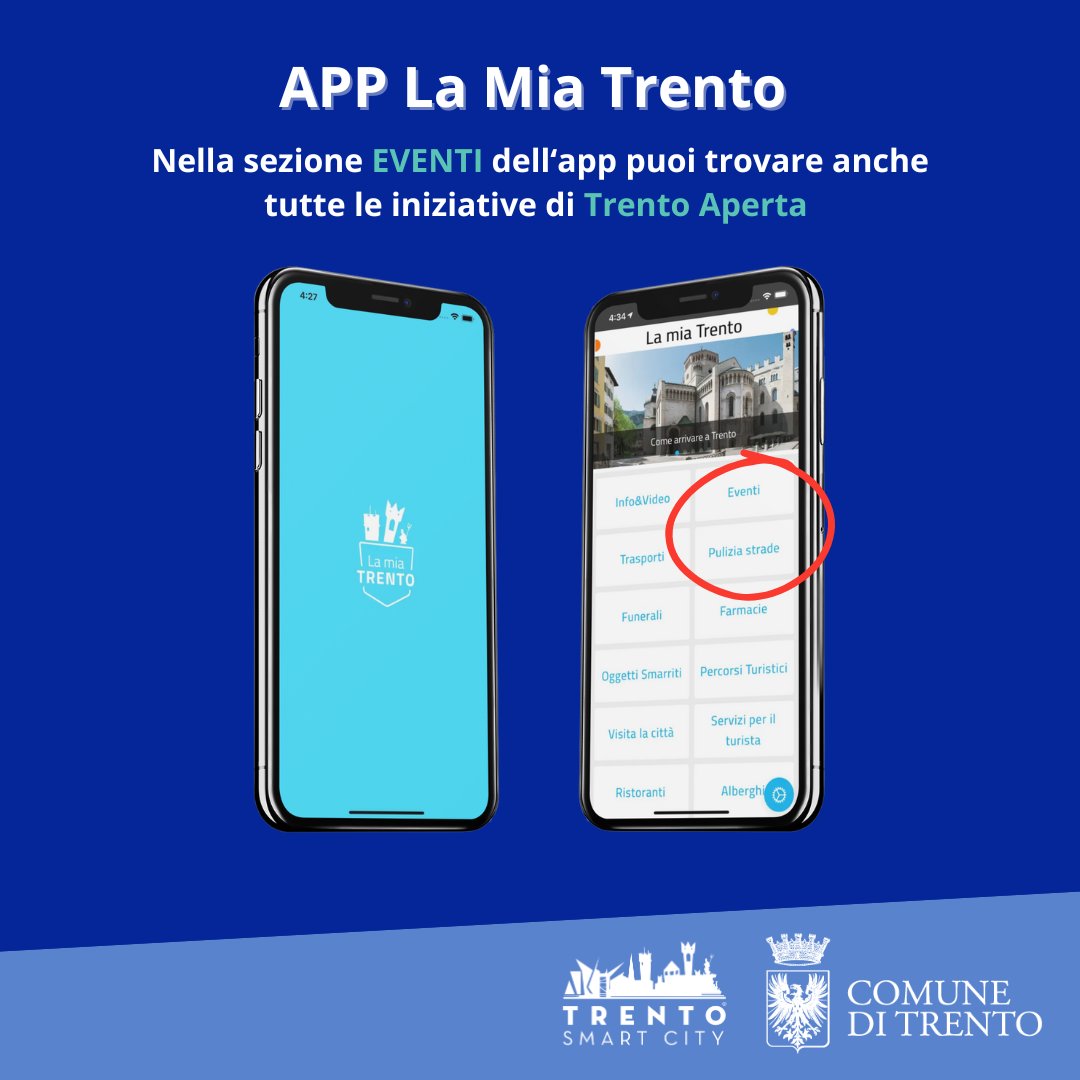 Sull'app La Mia Trento nella sezione "eventi" puoi trovare anche tutte le iniziative di Trento Aperta.
Per rimanere aggiornato su tutti gli eventi in città puoi scaricare l'App La Mia Trento direttamente d qui! 
📲 Android bit.ly/LaMiaTrento_An… 
📲 iOS apple.co/35oltsF