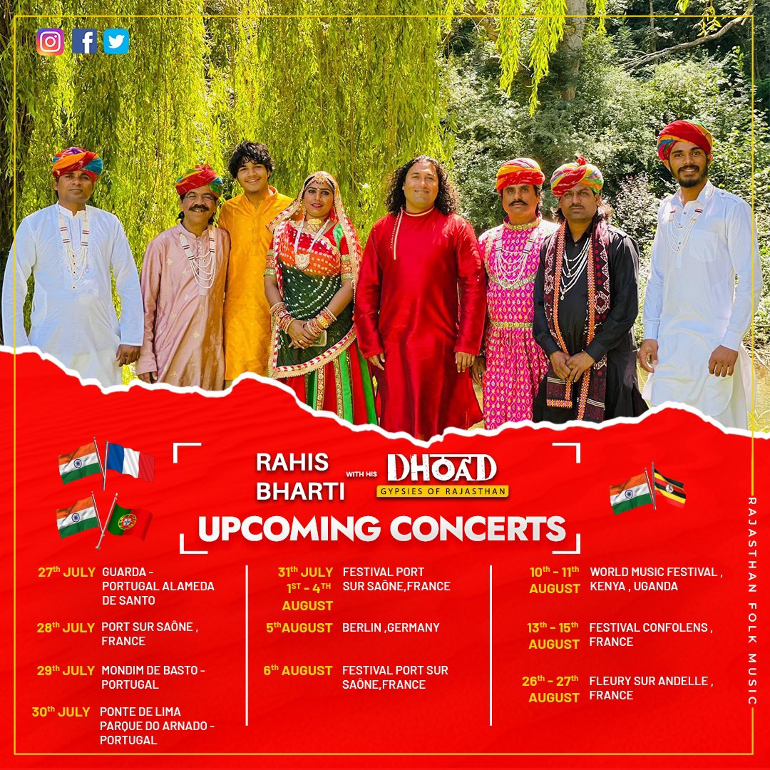 BhartiRahis's tweet photo. Internationally acclaimed #DHOAD group from #Rajasthan #india 🇮🇳 led by #Rahis #Bharti is all set to perform #Folk music of india at the prestigious Festivals July & August 2023 in @IndiainKenya @IndiaembFrance @eoiberlin @IndiainPortugal https://t.co/FGLUvN0Iy2