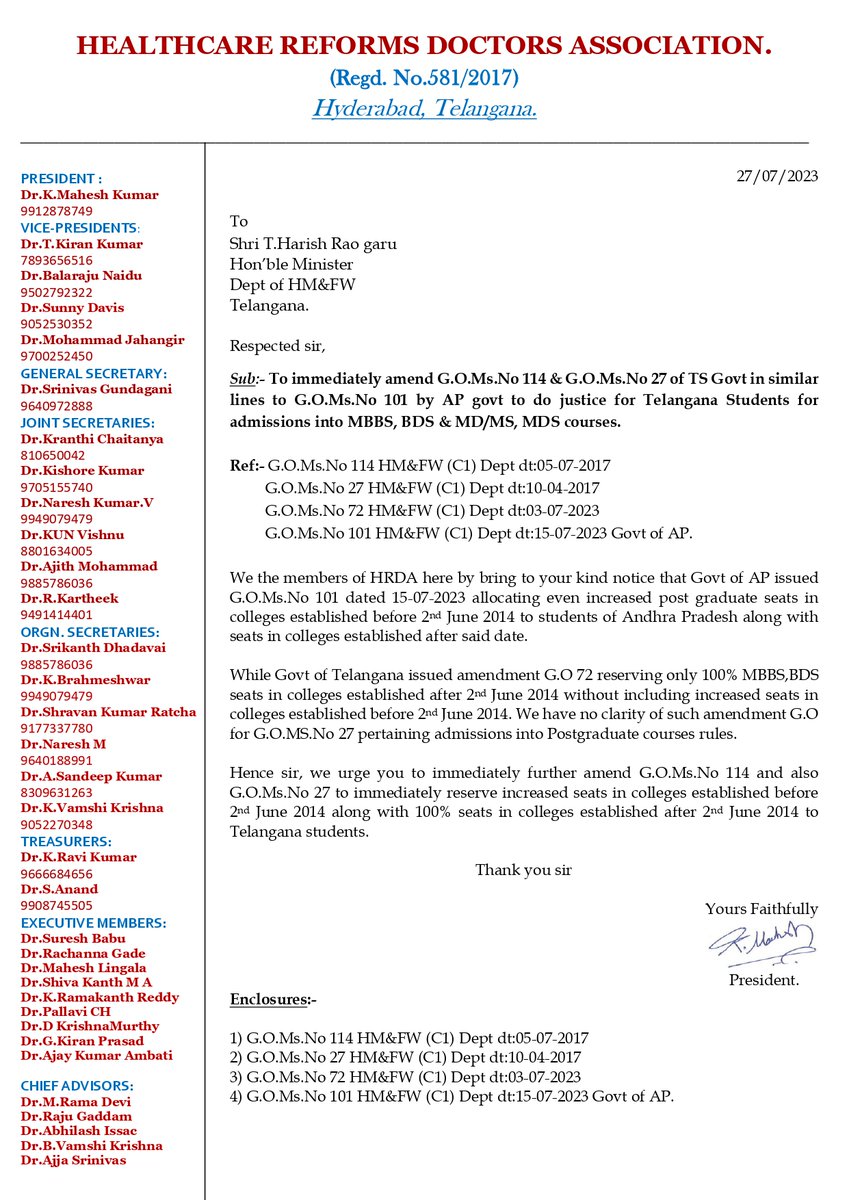 ReformsHrda's tweet photo. HRDA letter to @BRSHarish &amp; @TS_HMFW to amend G.Os 114 &amp; 27 to see that MBBS,MD,BDS,MDS increased seats in colleges established before 2nd Jun 2014 &amp; 100% seats in colleges established after 2nd June 2014 are reserved for TS students in similar line to G.O 101 issued by AP govt. https://t.co/sHsXcRpAUi
