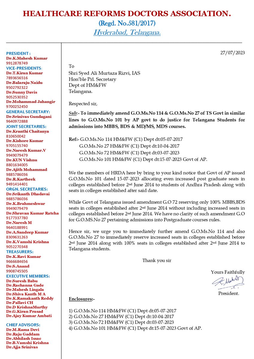 ReformsHrda's tweet photo. HRDA letter to @BRSHarish &amp; @TS_HMFW to amend G.Os 114 &amp; 27 to see that MBBS,MD,BDS,MDS increased seats in colleges established before 2nd Jun 2014 &amp; 100% seats in colleges established after 2nd June 2014 are reserved for TS students in similar line to G.O 101 issued by AP govt. https://t.co/sHsXcRpAUi