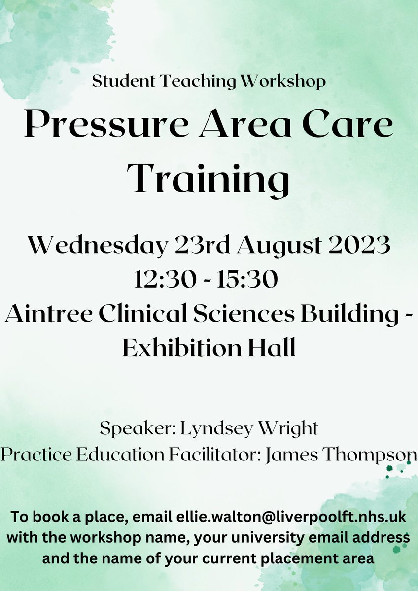 Healthcare Students at LUHFT! 

We invite you to book a place for our next Student Teaching Workshop 'Pressure Area Care Training' in August 

Please book through the email address at the bottom of the flyer 

We hope to see you there! 

#LUHFTStudentTeaching
