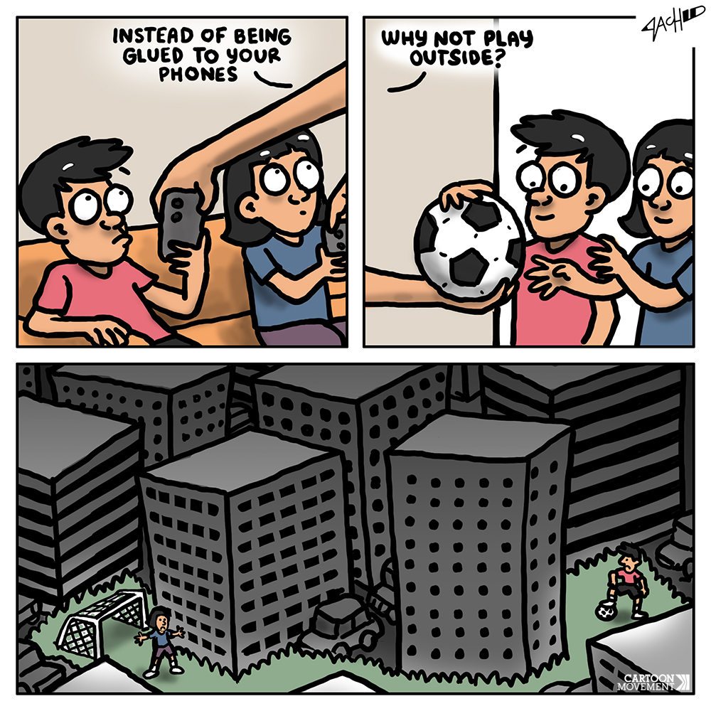 cartoonmovement's tweet photo. In many (inner) cities, green spaces are few and far between as demands for living and office space trump the need for children to play. Today's cartoon by @cartoonistzach. More cartoons: https://t.co/Oj6r8LQzys
#innercities #greenspace #urbanplanning https://t.co/qq0c5D3MVr
