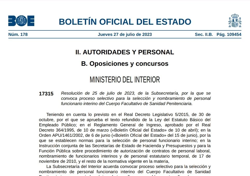 EnfermerosIIPP's tweet photo. @IIPPGob @sanidadgob @
 @Sanidad_Peniten @CGCOM_Esp
Se convoca proceso selectivo para la selección y nombramiento de personal funcionario interino del Cuerpo Facultativo de Sanidad Penitenciaria
https://t.co/HiCPQTTeYx https://t.co/9GJYraSvbA