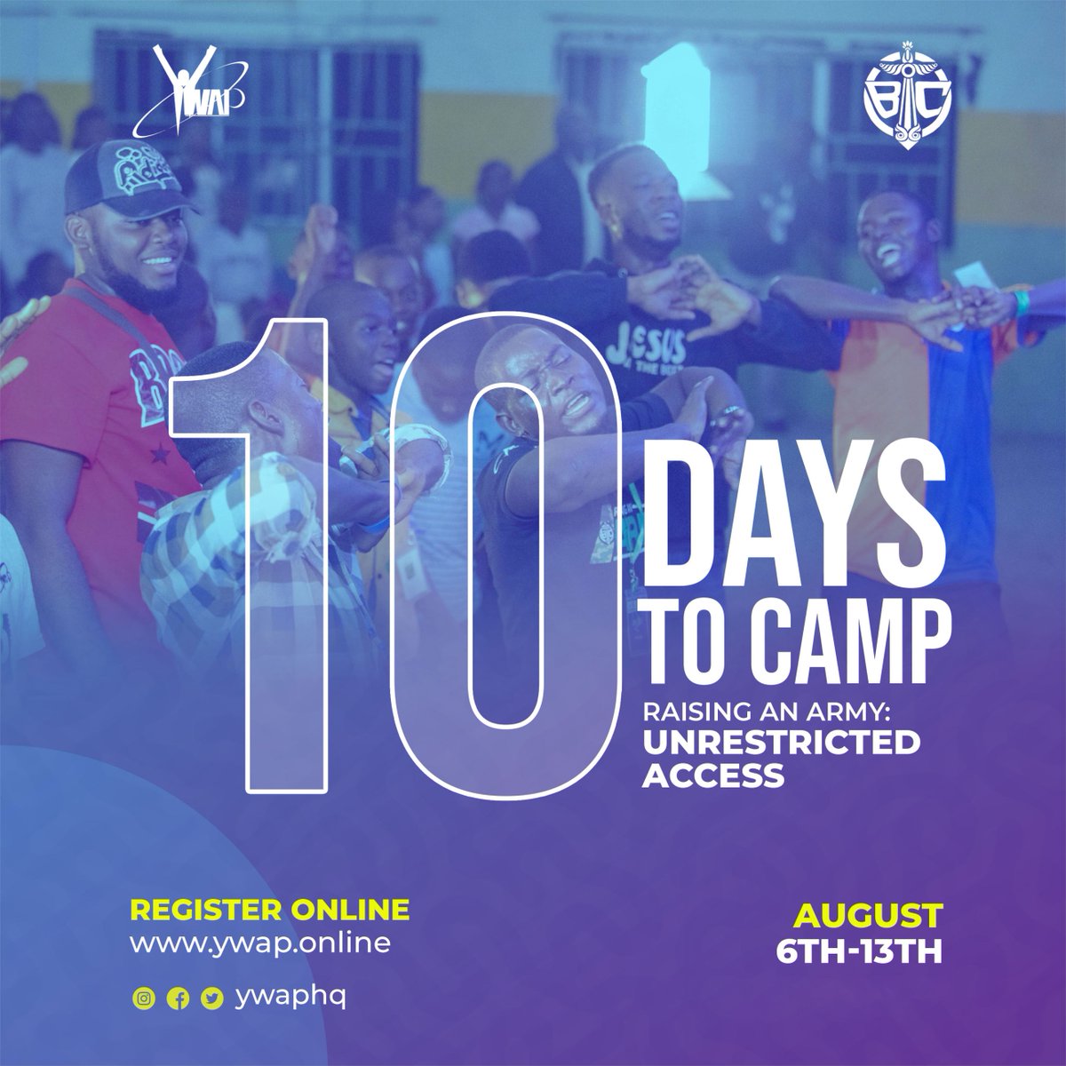 YWAPhq's tweet photo. It's TEN (10) Days to Boothcamp XVII!!!
This is not a drill. I repeat!

In 10 days we convene for the first time since 2019 in a week long fiesta where Jesus is glorified. From powerful sessions with amazing ministers. To ministrations from our amazing teams.
1/ https://t.co/k0idX95Kq4