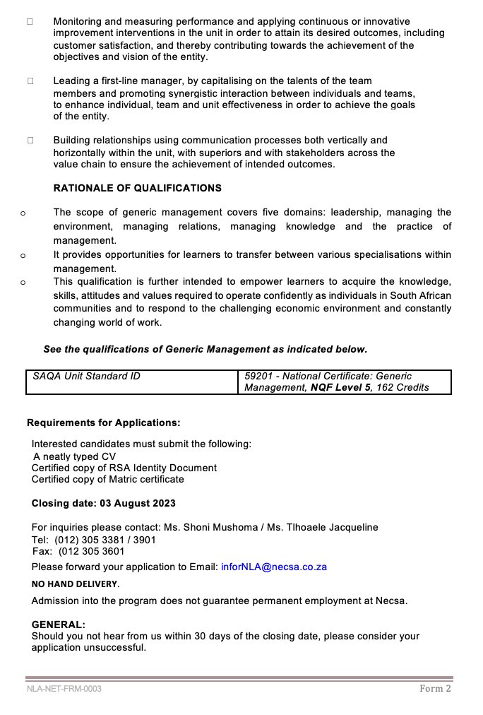 CarolBoitumelo1's tweet photo. Necsa Group offers an opportunity for 12 months of Generic Management Learnership NQF Level 5 to unemployed candidates between the ages of 18-35 years who are in possession of a Matric (Grade 12) certificate.

Please forward your application to Email: inforNLA@necsa.co.za
Closing date: 03 August 2023