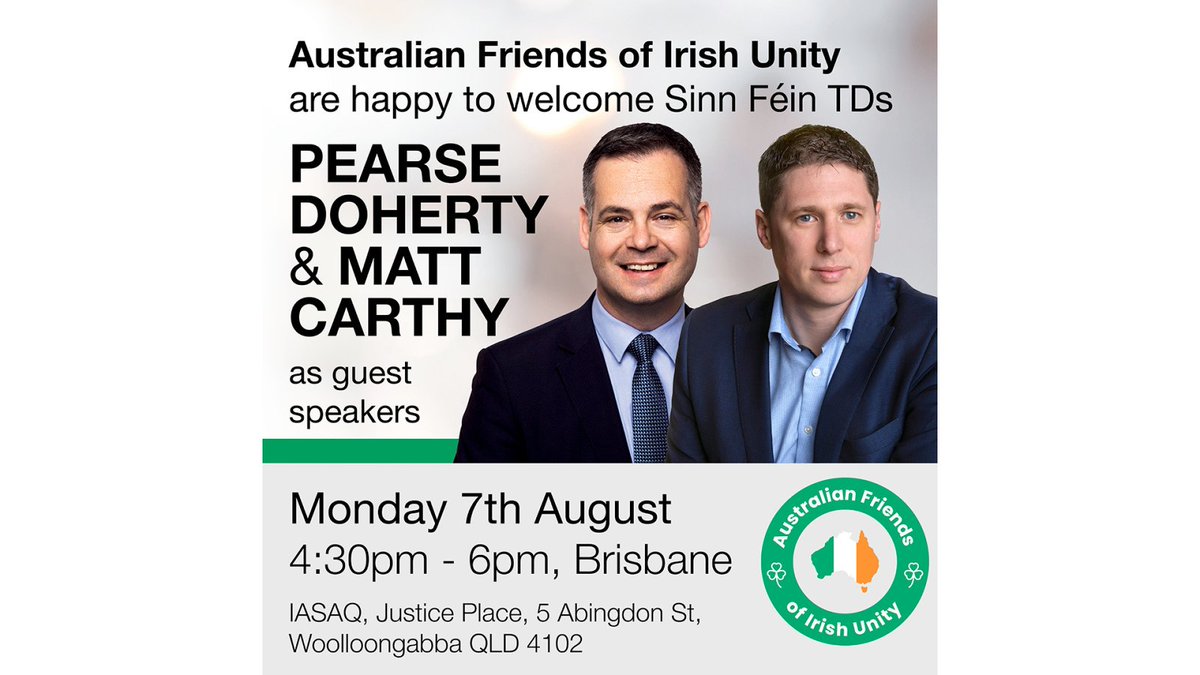 afiu32's tweet photo. Brisbane supporters: Please join us to welcome Sinn Féin TDs at this Australian Friends of Irish Unity event REGISTER https://t.co/QYJU9iv014... https://t.co/n5c2Bh6eea