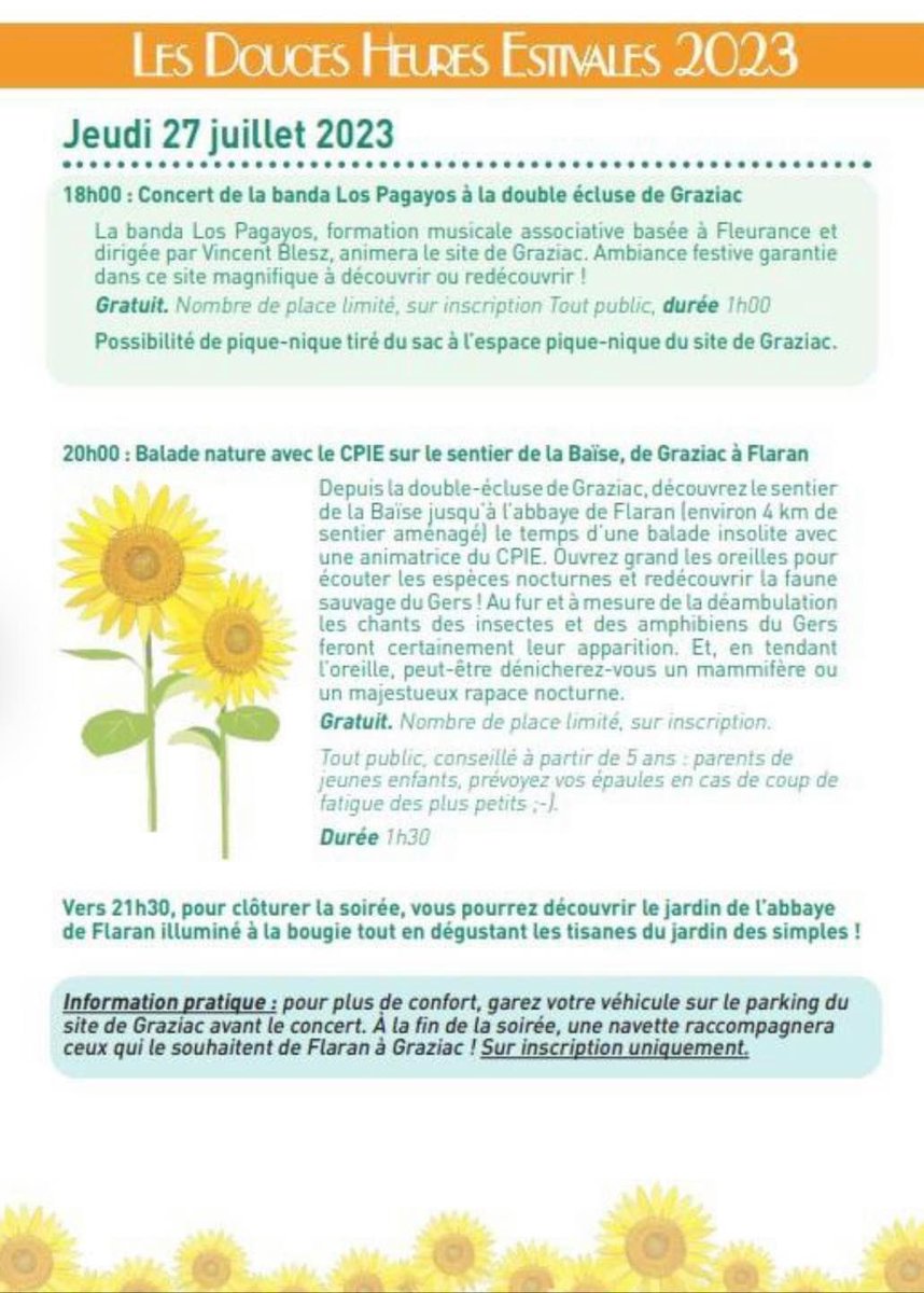 tourismecondom's tweet photo. Participez à la 8ème édition des Douces Heures Estivales, aujourd’hui à partir de 18h 🌻
ℹ️ Gratuit - Nombre de place limité, sur inscription au 05 62 28 00 80
Tout public, conseillé à partir de 5 ans - Durée 1h30.
#tourismecondom #exploremongers https://t.co/Wc3NazHMFT