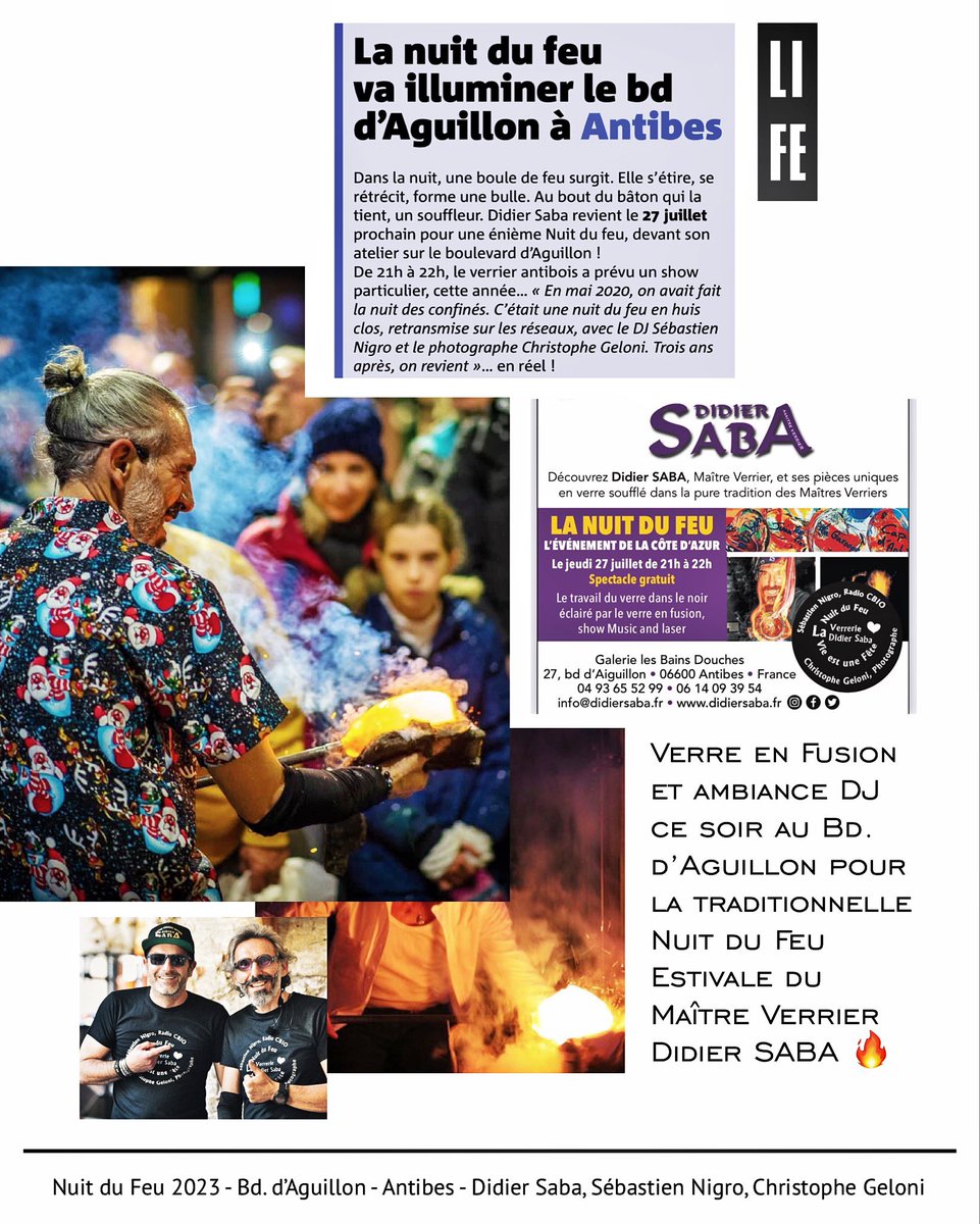 ChrisGeloni's tweet photo. Rdv ce soir pour la #NuitduFeu ✅
Le Show Son &amp; Verre en Fusion au Bd. D’Aguilon🔥
RDV avec les amis @verreriesaba &amp; @SebastienNigro de 21h à 22h pour les créations Live du #MaîtreVerrier Antibois à la lueur du Verre Soufflé incandescent ☄️🌟

#antibesjuanlespins #artisandArt #Dj https://t.co/iBxGkuVwJd