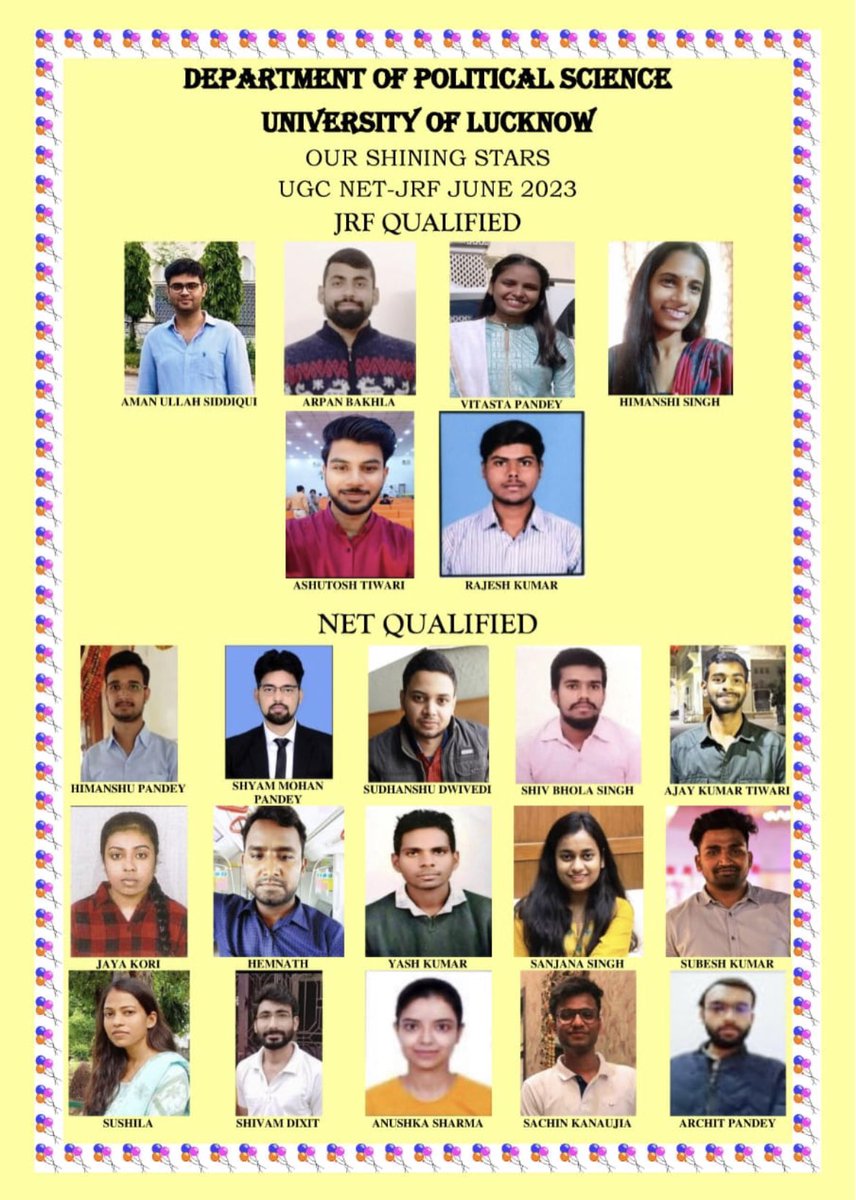 dswlkouniv's tweet photo. 🎓🏆 Congratulations to the 21 students from the Political Science Department at University of Lucknow for qualifying in UGC-NET JRF! 🌟 Your hard work and dedication have paid off, making this a proud moment for all! #UGCNET #JRF #AcademicExcellence #UniversityofLucknow #ProudMoment
