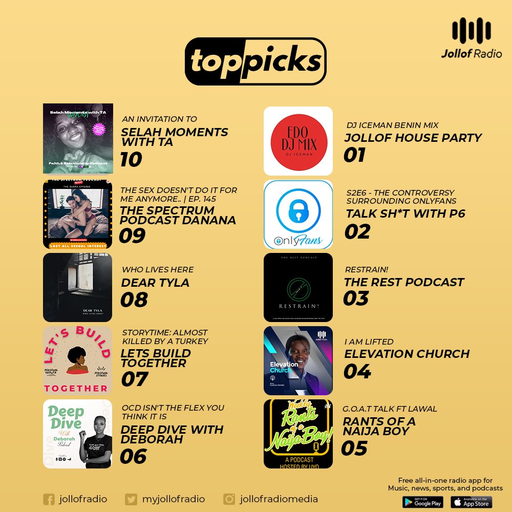 Hey fam,
These Top ten picks are 🔥🔥; as always, enjoy every one of them.

jollofradio.com 
#podcast #jollofradiomedia