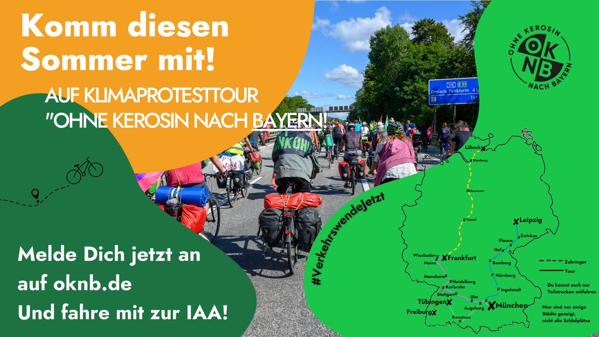 ADFC_BW's tweet photo. Mitradeln: Ohne Kerosin nach Bayern!
#OKNB ist eine Klimaprotesttour auf dem #Fahrrad.
Ab Mitte August werden zum vierten Mal hunderte Radfahrende in angemeldeten Demos durch ganz Deutschland nach München zur #IAA fahren.
Info: https://t.co/eUDai3E7Yb https://t.co/f4RGTu1OXG