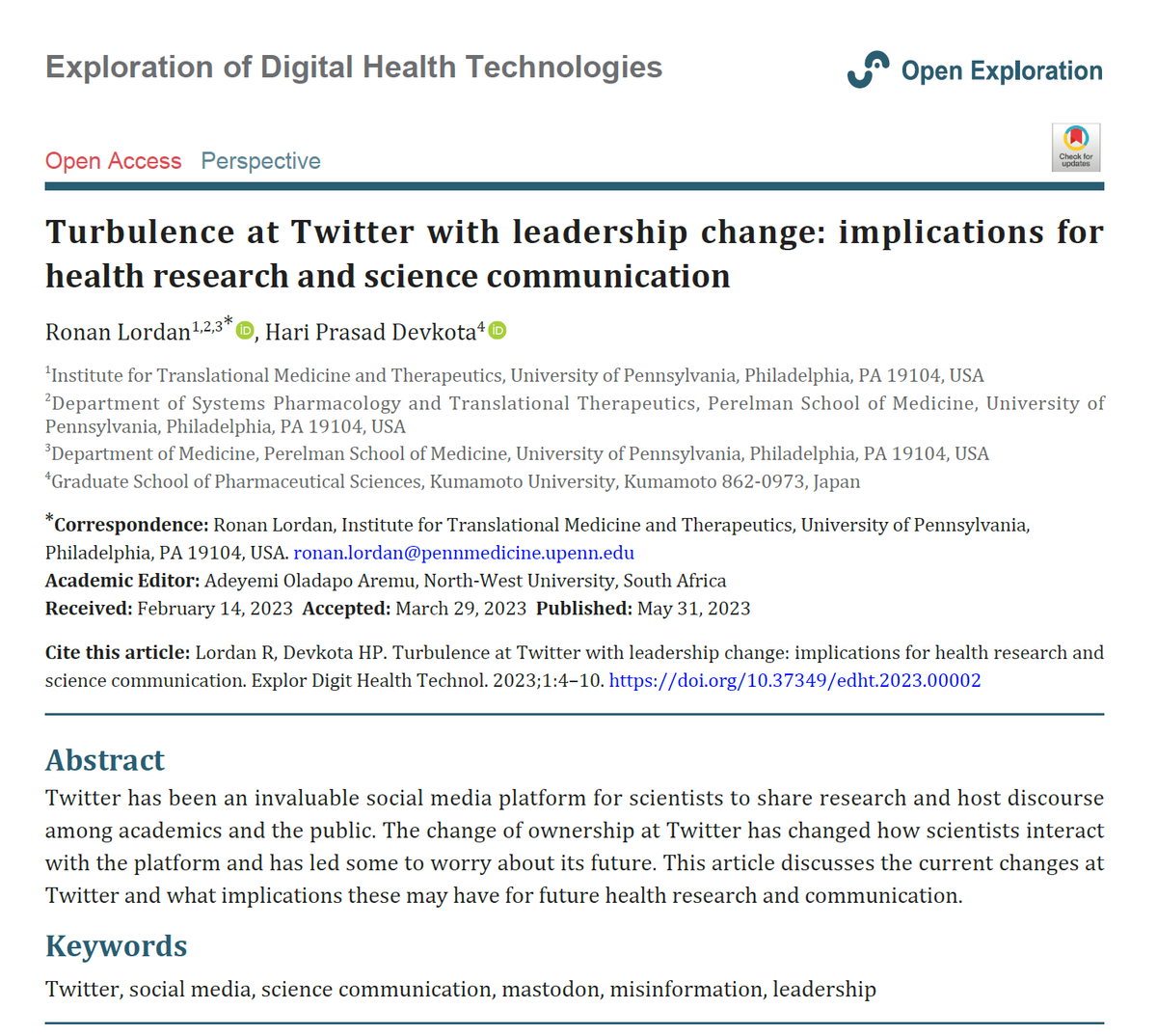 Hari Devkota (@devkota_hp) on Twitter photo With the rebranding of Twitter as X, this article gains even more relevance.
"Turbulence at Twitter with leadership change: implications for health research and science communication" <a href="/ExplorationofD1/">Exploration of Digital Health Technologies</a>
<a href="/el_ronan/">Ronan Lordan</a>
#sciencecommunication #scicomm #TwitterResearch #DHPSP #INPST With the rebranding of Twitter as X, this article gains even more relevance.
"Turbulence at Twitter with leadership change: implications for health research and science communication" <a href="/ExplorationofD1/">Exploration of Digital Health Technologies</a>
<a href="/el_ronan/">Ronan Lordan</a>
#sciencecommunication #scicomm #TwitterResearch #DHPSP #INPST