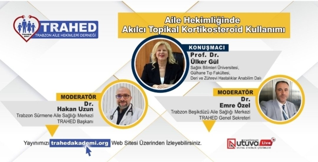 TRAHED AKADEMI 
2023 yılı yayınlarımızı trahedakademi.org sayfamızdan üye olup,  izleyebilirsiniz. Beşinci konumuz Prof.Dr.Ülker Gül' ün anlatacağı, Aile Hekimliğinde Akılcı Topikal Kortikosteroid Kullanımı. Bilgilerinize
TRAHED YÖNETIM KURULU