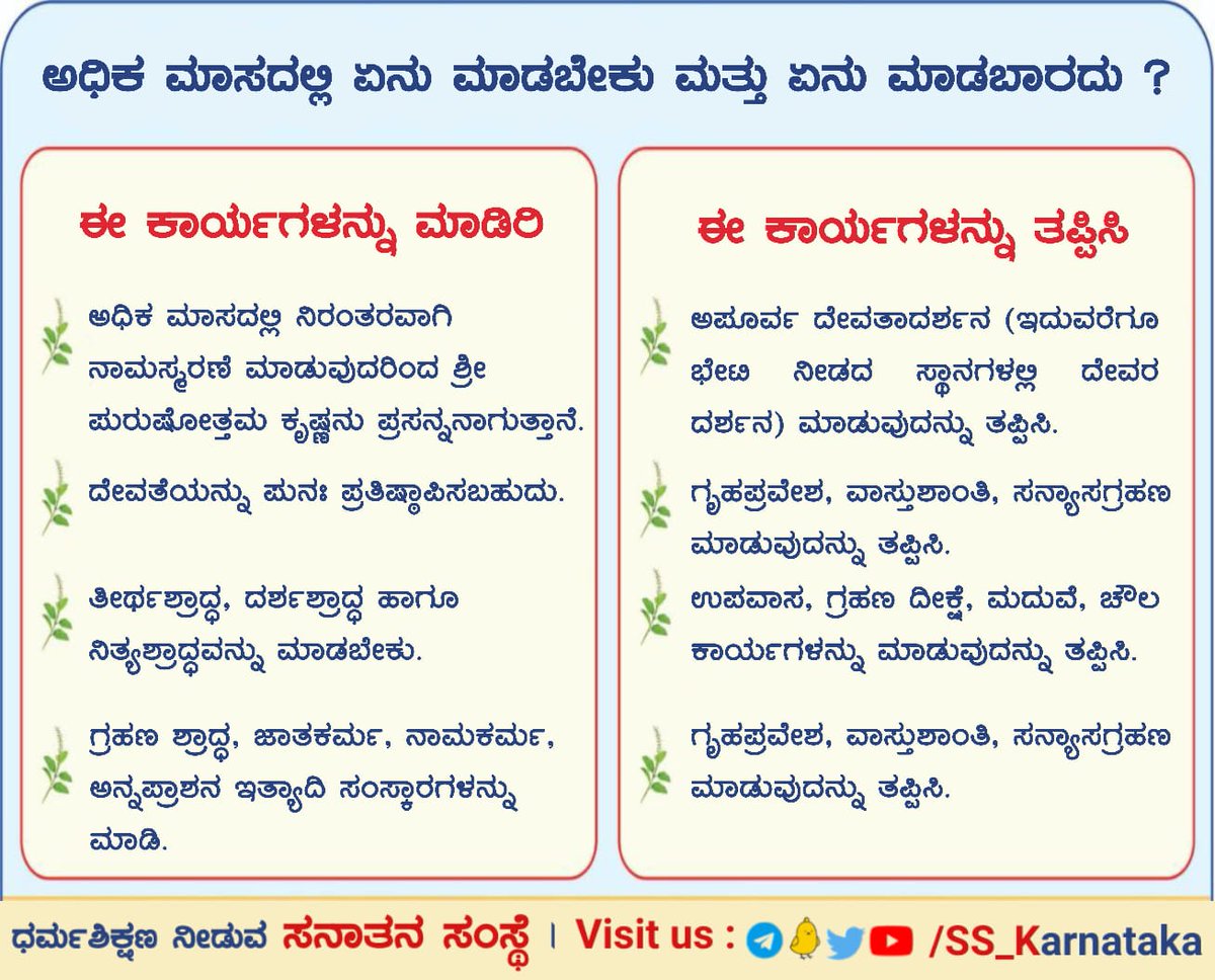 SS_Karnataka's tweet photo. ಅಧಿಕ ಮಾಸದಲ್ಲಿ ಏನು ಮಾಡಬೇಕು ಮತ್ತು ಏನು ಮಾಡಬಾರದು ?

🌸 ಈ ಮಾಸದಲ್ಲಿ ದಿನನಿತ್ಯ ಮತ್ತು ನೈಮಿತ್ತಿಕ ಕರ್ಮಗಳನ್ನು ಮಾಡಬೇಕು. ಗತ್ಯಂತರವಿಲ್ಲದಂತಹ ಕರ್ಮಗಳನ್ನು ಮಾಡಬೇಕು. ಅಧಿಕ ಮಾಸದಲ್ಲಿ ನಿರಂತರ ನಾಮಸ್ಮರಣೆ ಮಾಡಿದರೆ ಶ್ರೀ ಪುರುಷೋತ್ತಮ ಕೃಷ್ಣ ಪ್ರಸನ್ನನಾಗುತ್ತಾನೆ.

👇
https://t.co/7ZDMA5JmKe

#ThursdayThoughts https://t.co/9ubPnlSvPO