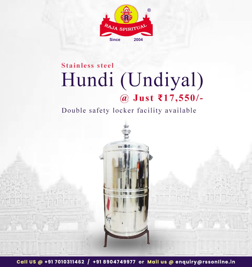 rss_online's tweet photo. Crafted from high-quality stainless steel, Raja Spiritual's Hundi ensures unrivalled durability and an exquisite finish. Our customised Hundi comes with a double safety locker for added security. 

Shop Online @ https://t.co/XbOG8LbXdf

#RajaSpiritual #HinduSpirituals #Hundi https://t.co/T2pZF9pxEC