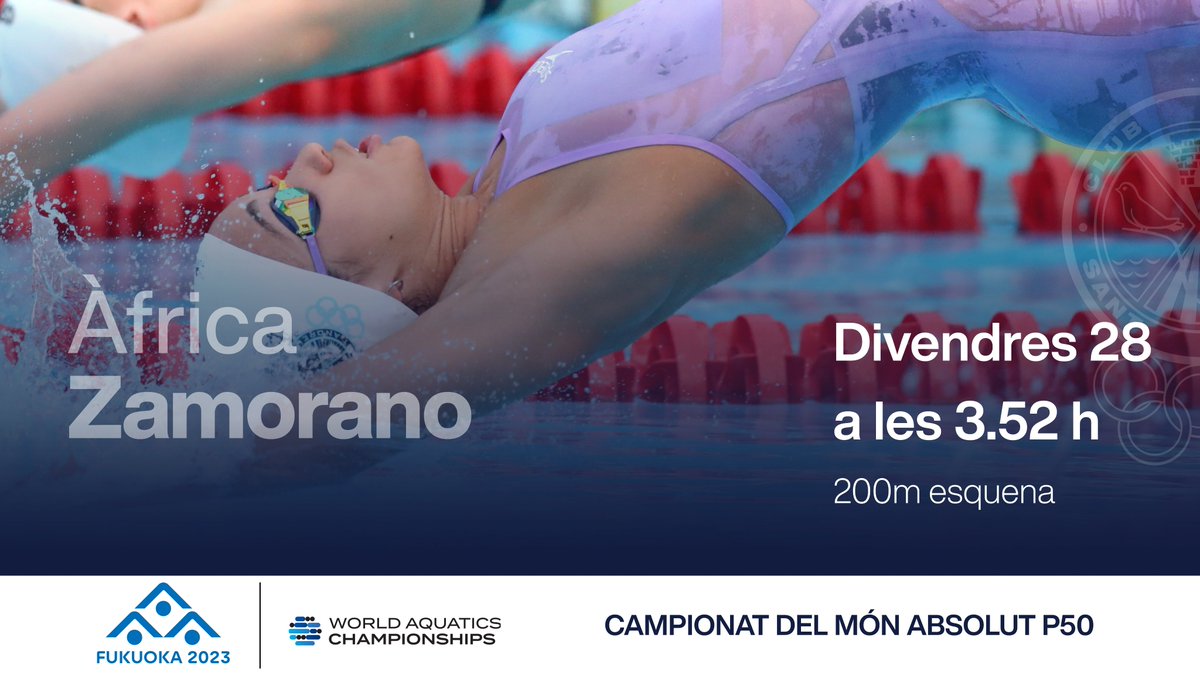 NATACIÓ🏊🏻‍♀️| 

L'Àfrica Zamorano s’enfrontarà a la prova dels 200m esquena durant la matinada de divendres 28 al Campionat del Món de Fukuoka! 🇯🇵  Molta sort!! 🍀

🏊 200m esquena
🕓 3.52 h
👉🏼 Segueix el campionat en directe per <a href="/teledeporte/">Teledeporte</a>
