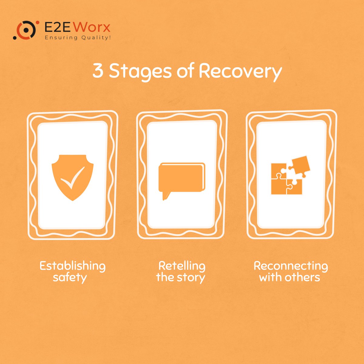 3 Main Stages of Recovery- What they are and tips on how to progress.
1: Establishing Safety
2: Retelling The Story
3: Reconnecting With Others
#E2EWorx #e2eworxensuringquality #designservices #testingservices #services #sqaservices #qaservices #sqacompany #stagesofrecovery