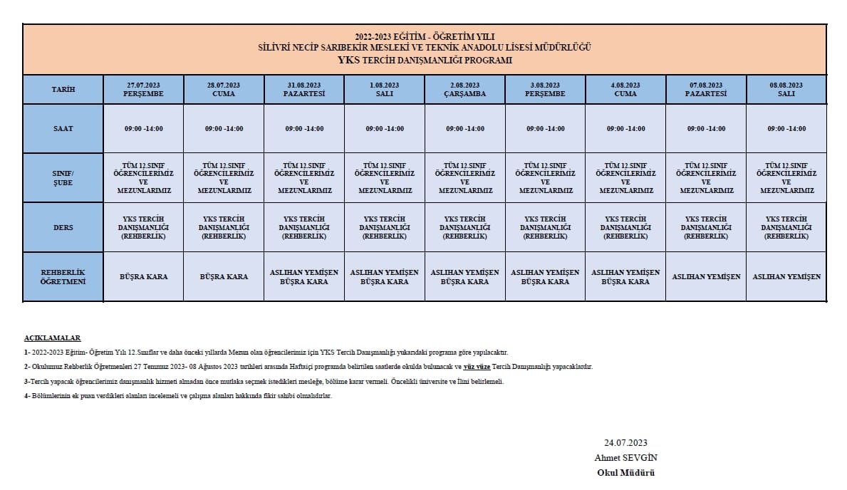📌Okulumuz Rehberlik Servisi tarafından 12.Sınıf ve  Mezun öğrencilerimize YKS tercih danışmanlığı yapılacaktır.

📌 Tüm 12.sınıf ve Mezun öğrencilerimizi okulumuza bekleriz..
🌐nsmtal.meb.k12.tr

<a href="/istanbulilmem/">İstanbul İl Millî Eğitim Müdürlüğü</a>
<a href="/istanbul_MTE/">İstanbul Mesleki ve Teknik Eğitim</a>
<a href="/memsilivri/">Silivri İlçe Millî Eğitim Müdürlüğü</a>
<a href="/AhmetSevginn/">Ahmet</a>