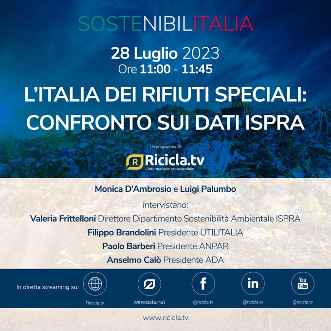 UTILITALIA's tweet photo. #savethedate domani 🗓️ 28 luglio 📷ore 11 📷 in diretta streaming sui canali @TvRicicla verrà intervistato  Filippo Brandolini Presidente #Utilitalia ne "L'Italia dei #rifiuti speciali confronto sui dati @ISPRA_Press "
@anparorg #ada https://t.co/d1z3jsKWkR