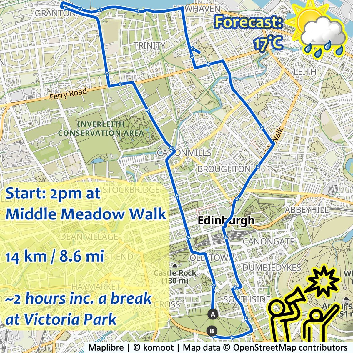This Saturday's route from The Meadows to Trinity/Granton and back.

Forecast: classic Edinburgh! 😆