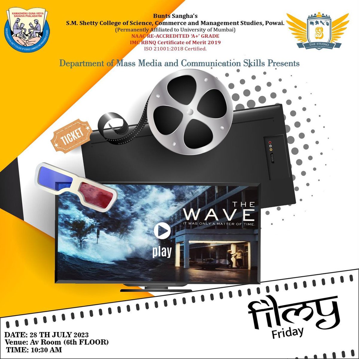 smshettybammc's tweet photo. 🌊 Join the wave! 🎬
🎥 Filmy Friday is an event where a film is watched followed by a riveting discussion about it's various aspects 🎟️
Movie Name: THE WAVE
Date 📆: July 28, 2023
Time ⏰: 10:30 AM
Venue📍: AV ROOM (6th floor)
#FilmyFriday #BAMMC #TheStudio #MovieScreening https://t.co/AIZHibVrlB